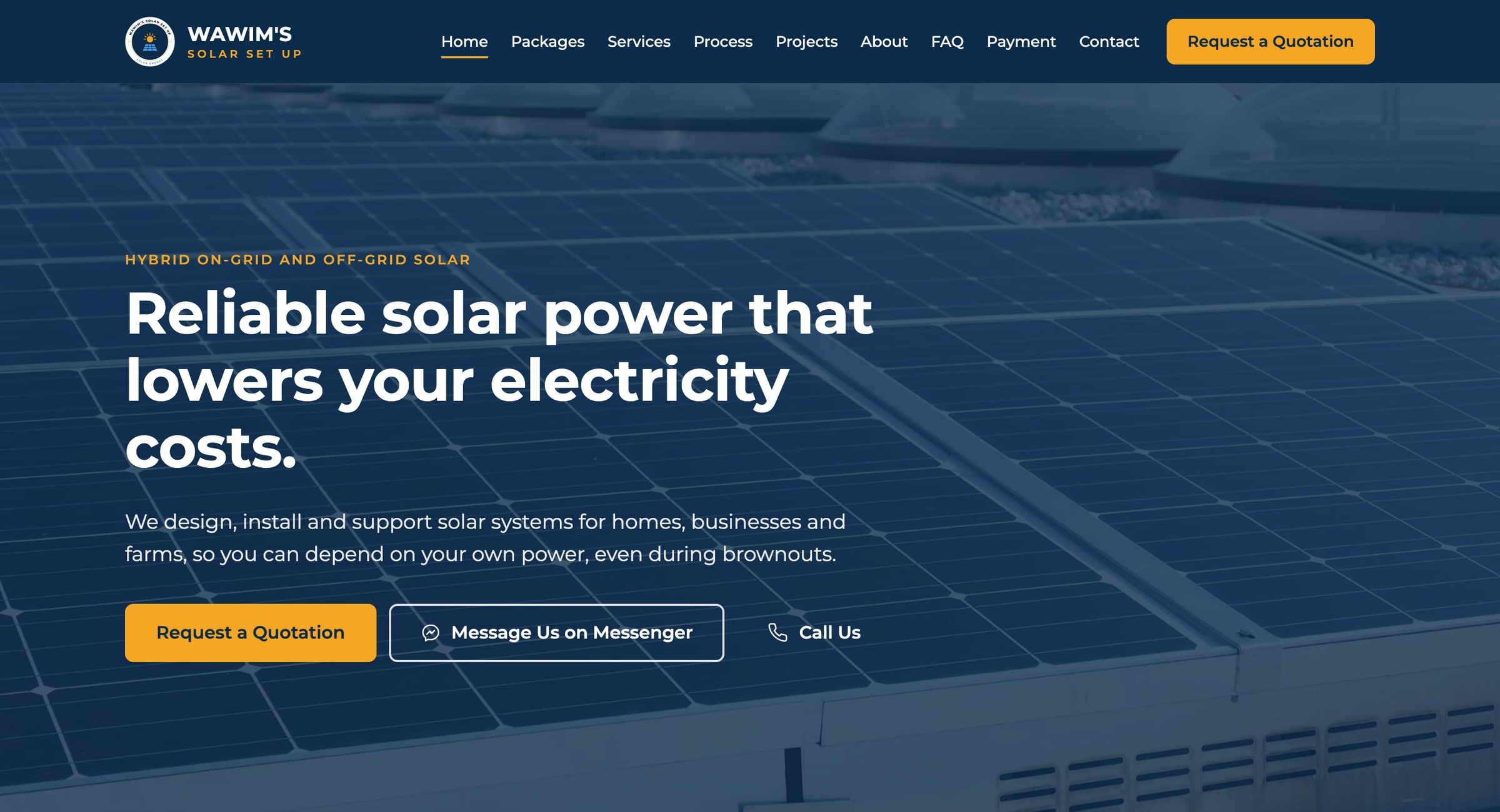 Wawim's Solar Set up website on a desktop screen